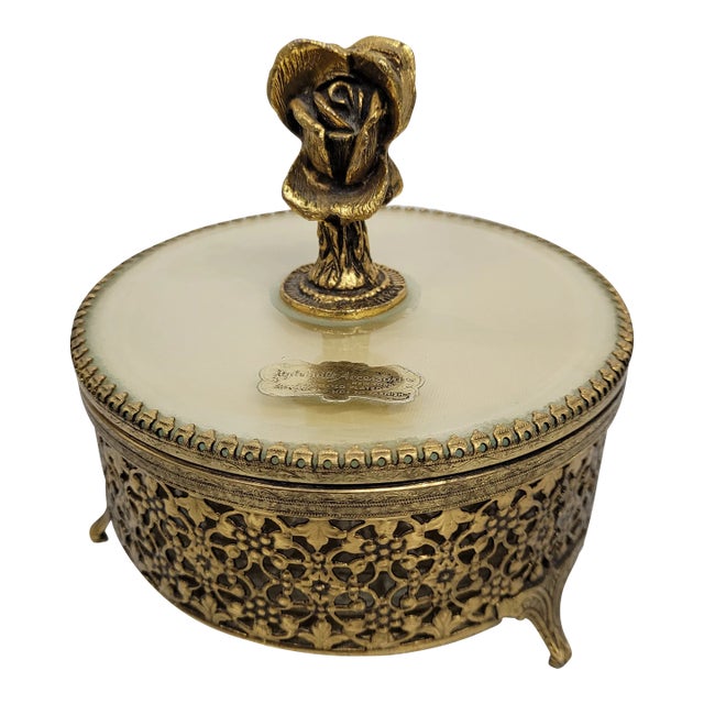 1950s Vintage Gold Gilt Filigree Ormolu Jewelry Box For Sale
