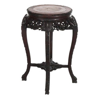 Antique Chinese Floral Carved Rosewood Rouge Marble Top Stand C1910 For Sale
