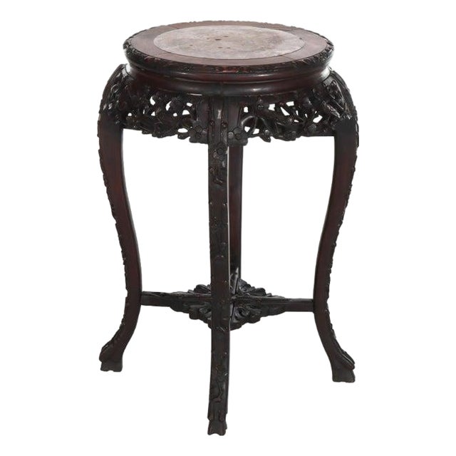Antique Chinese Floral Carved Rosewood Rouge Marble Top Stand C1910 For Sale