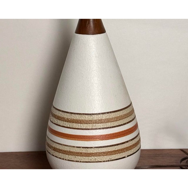 Pair of Mid-Century Modern Ceramic & Wood Table Lamps With Original Vintage Shades, C. 1960s For Sale - Image 4 of 4