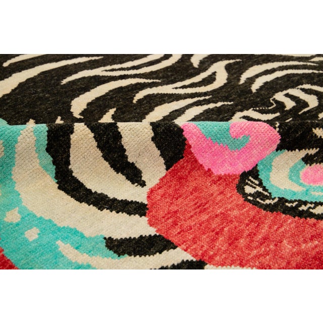 Red Contemporary Pictorial Designed Handmade Wool Rug in Red For Sale - Image 8 of 10