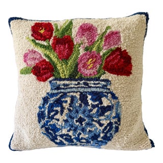 Square Chinoiserie Tree Wool Hooked Pillow For Sale