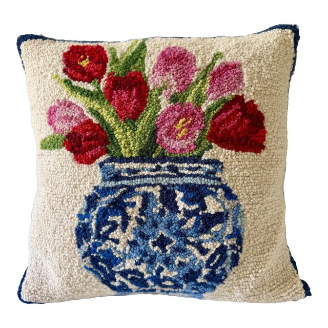 Square Chinoiserie Tree Wool Hooked Pillow For Sale