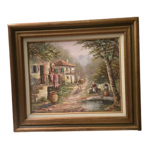 Mid-Century Modern Oil Painting Greek Village Scene by George Thomas Georgiadis