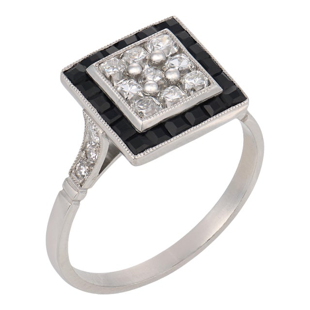 1920s Art Deco Inspired Diamond Onyx Platinum Square Target Ring, Size 7 For Sale