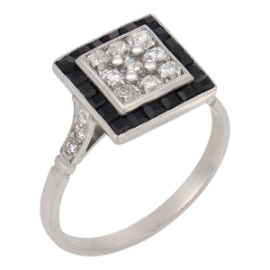 1920s Art Deco Inspired Diamond Onyx Platinum Square Target Ring, Size 7