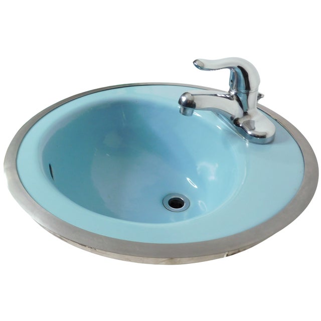 American 1964 Vintage Rheem Regency Blue Drop-in Porcelain & Cast Iron Sink With Hudee Ring For Sale - Image 3 of 17