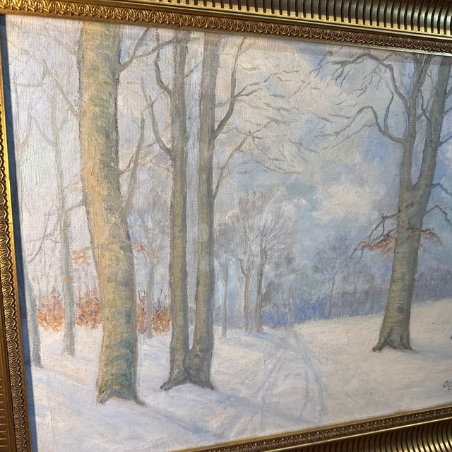 1930s Impressionist Oil Painting by Oyert Olsen 1933 a Beautiful Winters Day in the Wood. Oil on Canvas - Original Gold Gilded Wood Frame. For Sale - Image 5 of 10