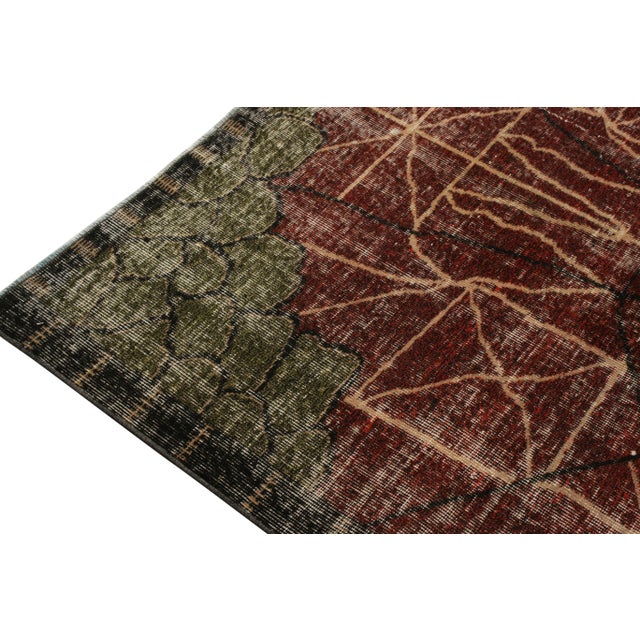 Rug & Kilim 1960s Vintage Art Deco Rug in Red, Green, Black, Distressed Geometric Pattern For Sale - Image 4 of 5