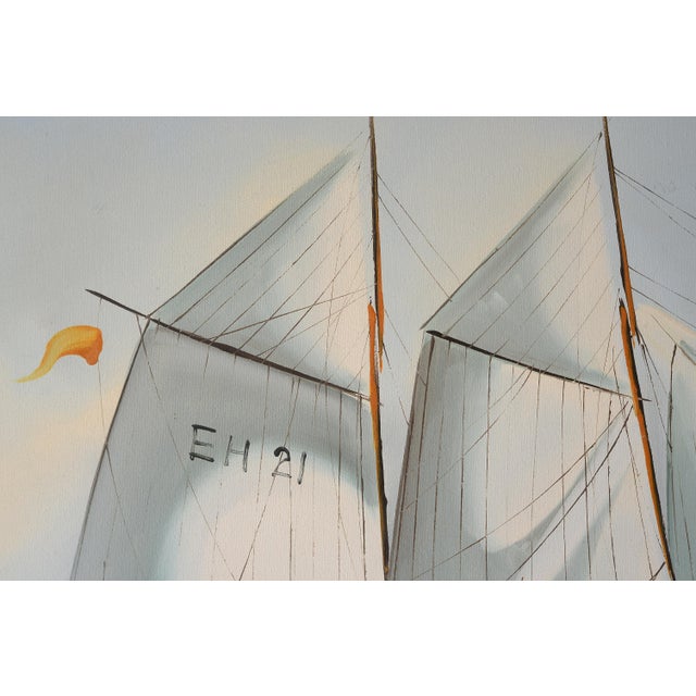 Blue Vintage T. Peter Nautical Schooner Sailing Vessel Oil on Canvas Painting For Sale - Image 8 of 12