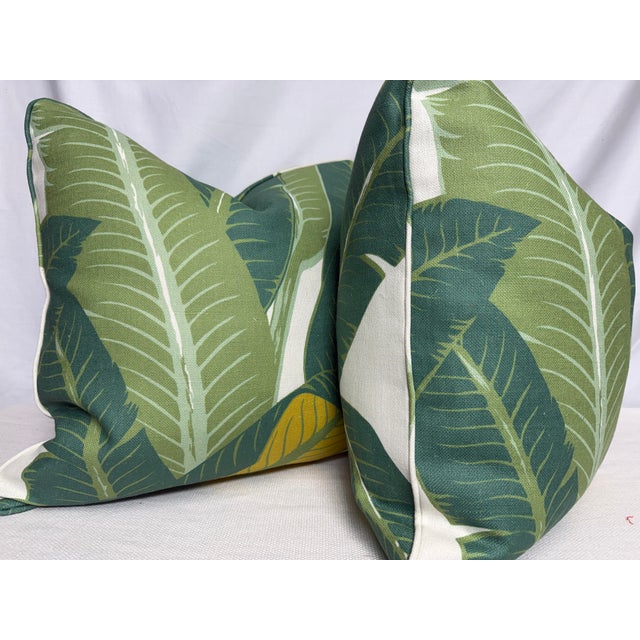 Custom pair of 22" pillows covered in Schumacher "Tropical Isle" in color green on ivory linen fabric. These pilllows are...