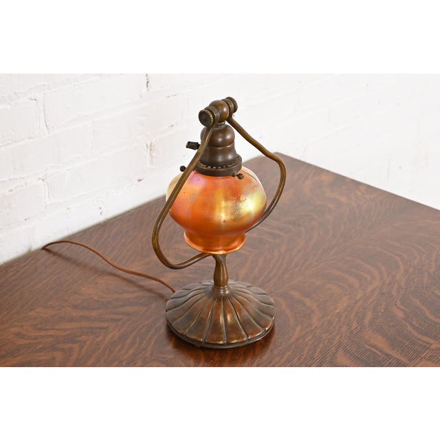 Tiffany Studios Tiffany Studios New York Bronze Harp Favrile Iridescent Art Glass Desk Lamp For Sale - Image 4 of 12