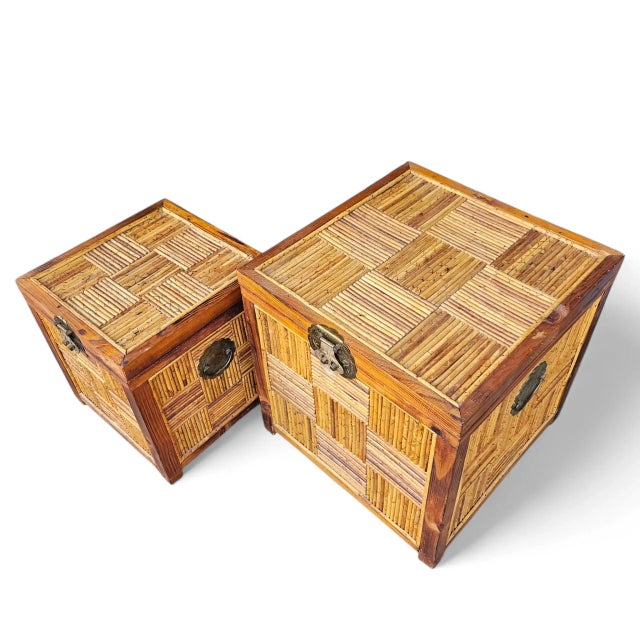 Set of Vintage Chinoiserie Split-Bamboo Woven Trunks/Chests With Brass Dragon/Phoenix Latches For Sale In Dallas - Image 6 of 11