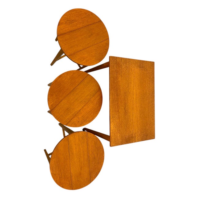 Mid-Century Modern Vintage Mid-Century Modern Nesting Table Set With Three Round Stowaway Stools/Tables on Casters - Uk Import For Sale - Image 3 of 11