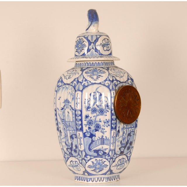 Late 19th Century Antique Delft Vase Clock, Blue White Chinoiserie Vase Kangxi Style, Foo Dog Finial For Sale - Image 5 of 14
