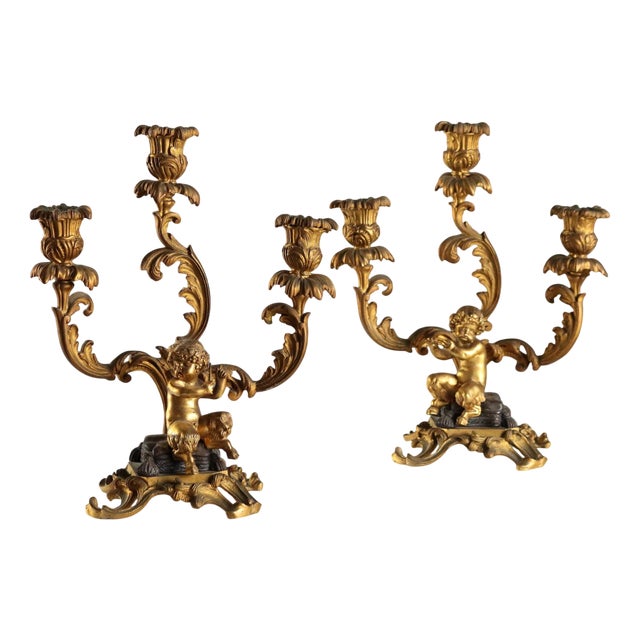 Three-Layer Gilded Bronze Candelabras, Set of 2 For Sale