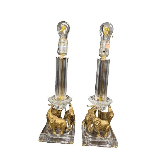 Metal Vintage Brass Elephant Table Lamps Pair Crystal Glass Hollywood Regency - a Pair For Sale - Image 7 of 10