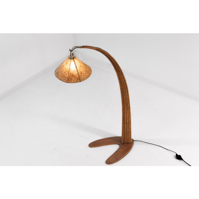 Italian Wood Arc Floor Lamp with Rattan Shade, 1970s For Sale - Image 6 of 18