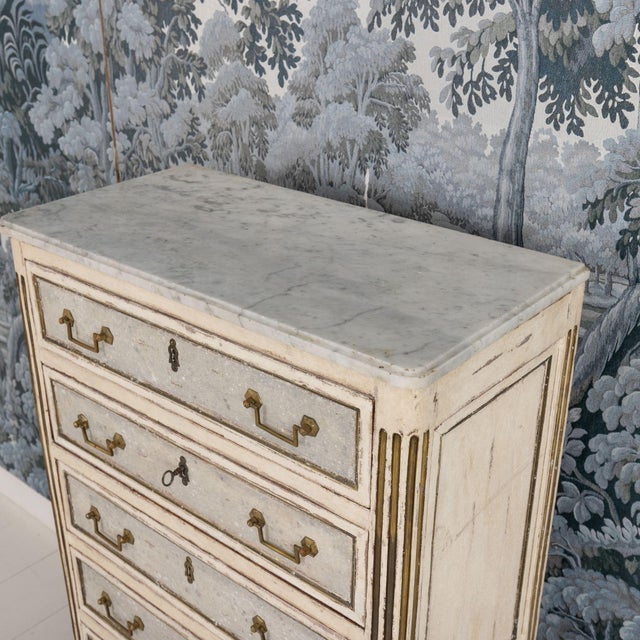 18th C. French Painted Tall Chest of Drawers With Original Marble Top For Sale - Image 14 of 16