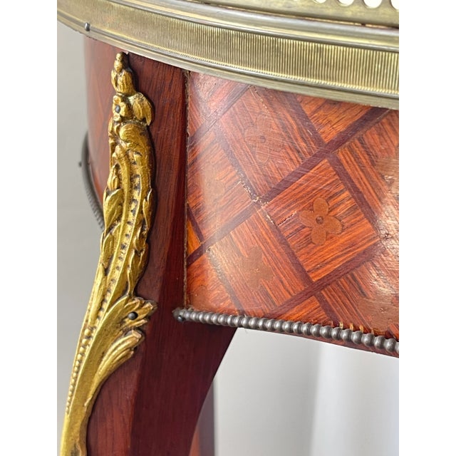Cinnamon French Marquetry, Brass Gallery & Marble Top Gueridon Table, Early 20Th. C For Sale - Image 8 of 18
