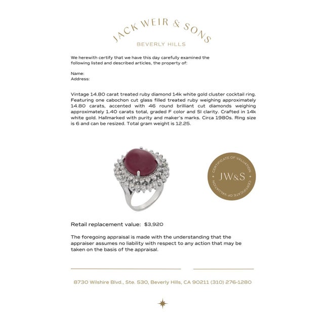 Metal Vintage 14.80 Carat Treated Ruby Diamond 14k White Gold Cluster Cocktail Ring, Size 6 For Sale - Image 7 of 7