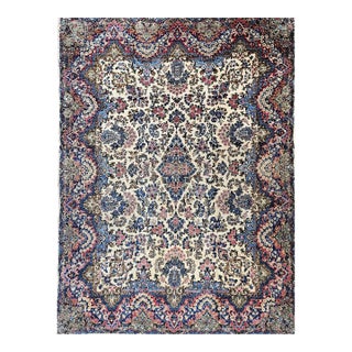 Vintage Kerman Rug, Hand-Knotted Wool, Allover Floral Pattern, Ivory & Blue, 9x12 For Sale