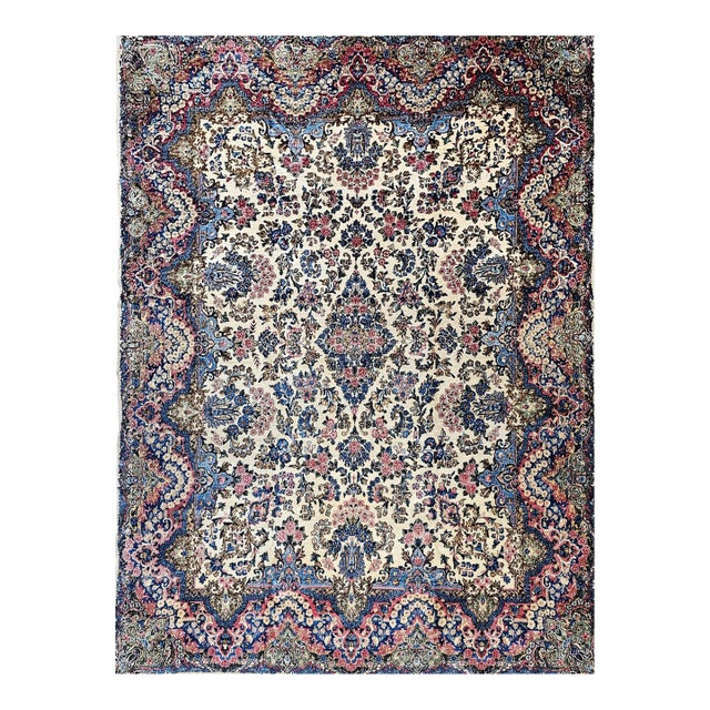 Vintage Persian Kerman Rug, Hand-Knotted Wool, Allover Floral Pattern, Ivory & Blue, 9x12 For Sale