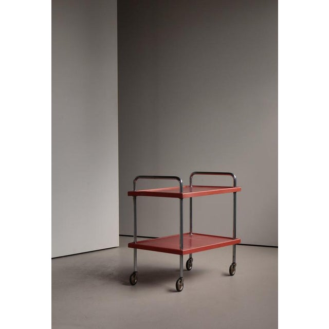Functionalist Scandinavian Red Lacquered Steel Tube and Wood Serving Cart, 1930s For Sale - Image 10 of 18