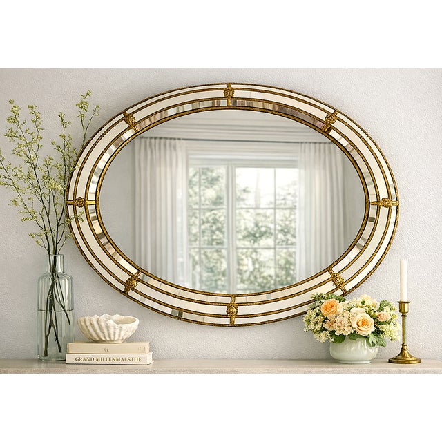 Hollywood Regency Oval Wall Mirror With Brass Accents For Sale - Image 12 of 12