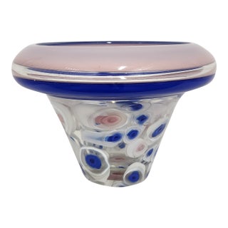 1980s Signed Studio Art Glass Cachepot – Millefiori Style Vase in Cobalt & Pink For Sale