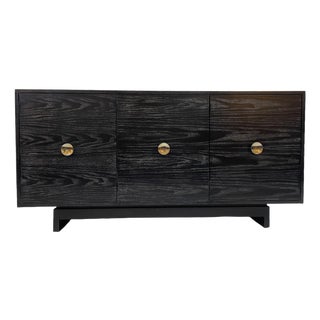 Restored Kroehler Black Cerused Oak Sideboard Credenza With Polished Brass Hardware, Circa 1960s For Sale