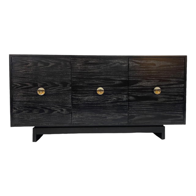 Restored Kroehler Black Cerused Oak Sideboard Credenza With Polished Brass Hardware, Circa 1960s For Sale