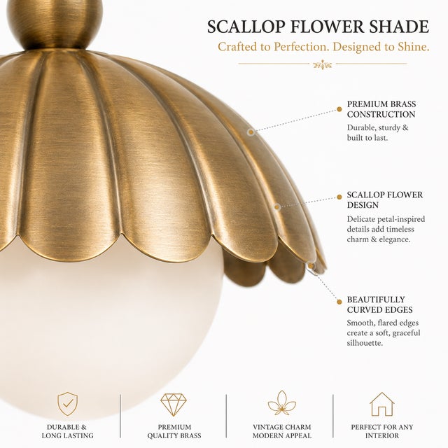 Handmade Brass Flush Mount Light, Antique Brass Flower Ceiling Light, Milk Glass Scalloped Brass Ceiling Lamp for Entryway Bedroom Kitchen For Sale - Image 4 of 11