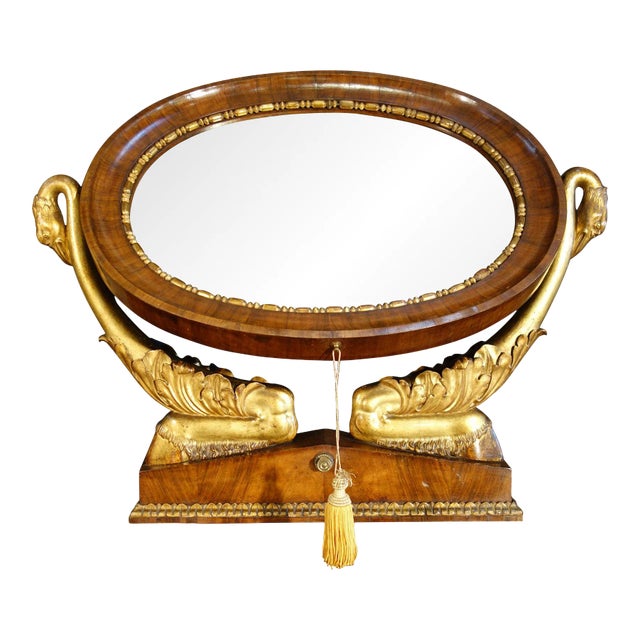 Italian Empire Walnut Psyche Table Mirror with Gold Gilt Swans and Ebony Inlay For Sale