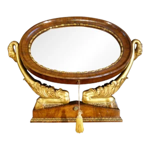 Italian Empire Walnut Psyche Table Mirror with Gold Gilt Swans and Ebony Inlay