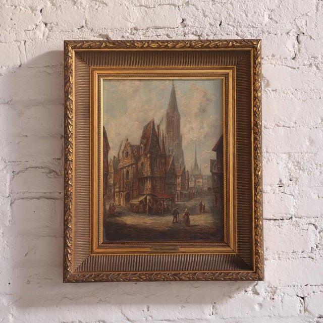 This 1930s Flemish church oil painting on canvas captures the quiet beauty and historic charm of a European village...