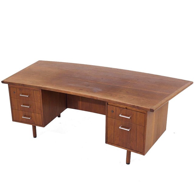 Jens Risom Style Mid Century Walnut Curved Executive Desk For Sale - Image 10 of 10