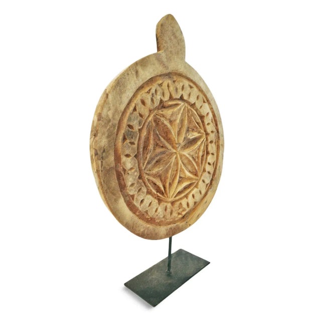 Vintage carved wood medallion from north India on iron display stand. Each unique and sold individually.