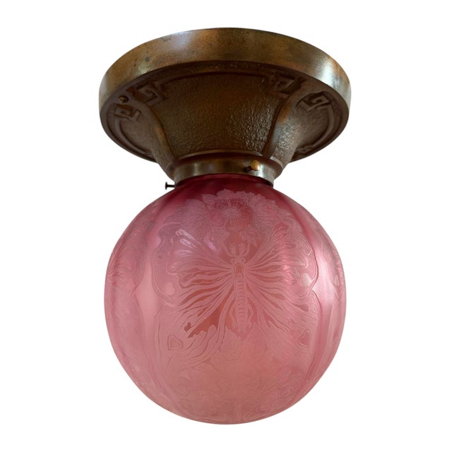 Late 1800’s Globe Pendant With Etched Butterflies and Flowers on Bronze Canopy For Sale In Los Angeles - Image 6 of 7