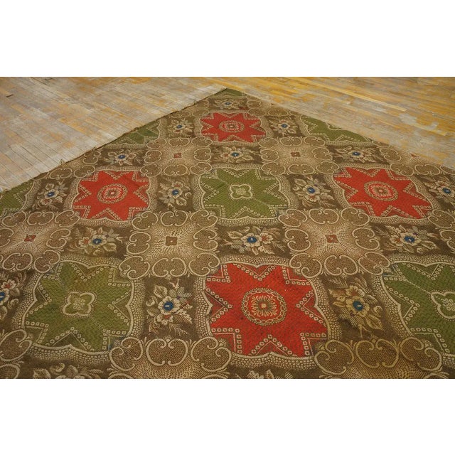 1850s Olive Red Star Medallion Antique American Ingrain Carpet 8' 2'' X 12' 9'' Wowen Wool Rug For Sale - Image 9 of 12