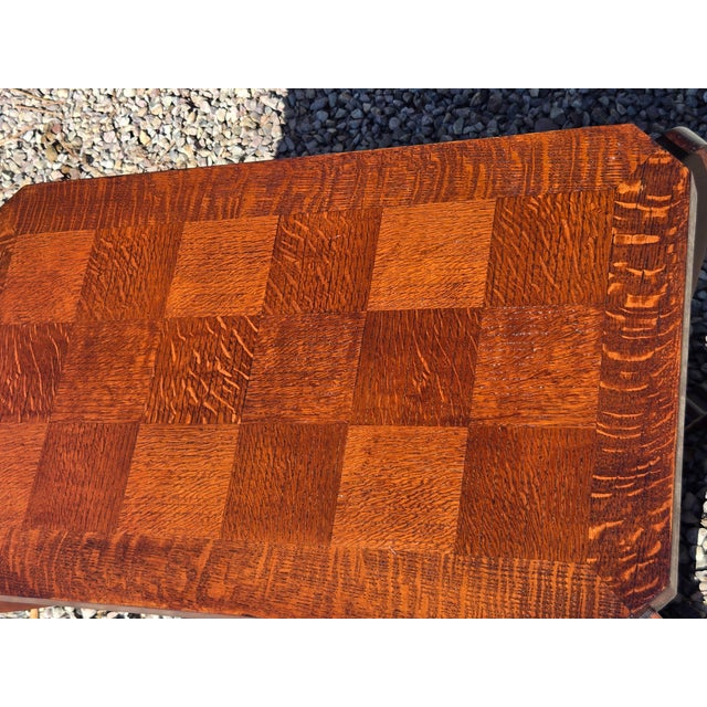 French Art Deco Side Table Oak Parquet Top. Has second shelf and curved graceful legs.