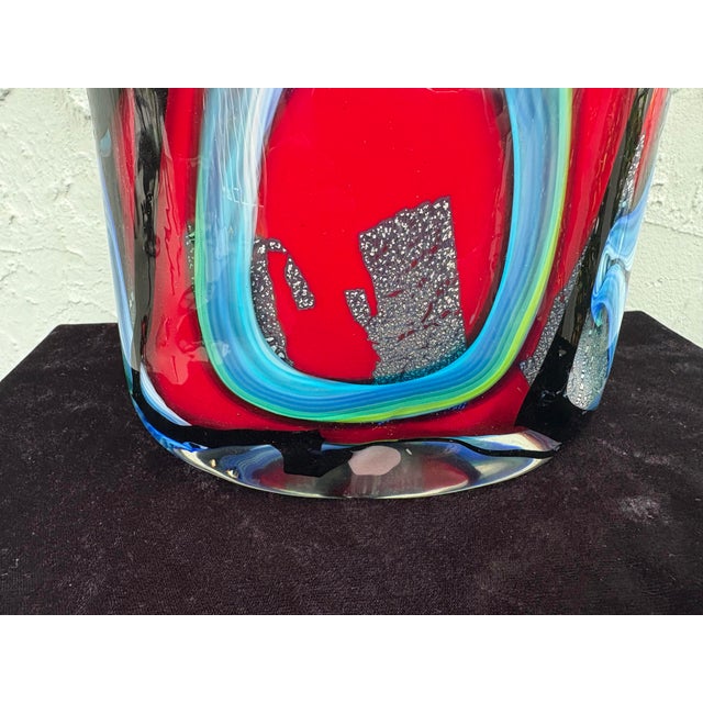 Vintage Murano Hand-Blown Art Glass Vase With Aventurine, Red & Blue Swirl Design For Sale In Orlando - Image 6 of 8