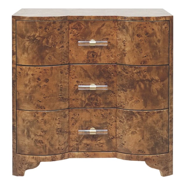 Matthew Izzo Home Calvin Dark Burlwood Three Drawer Side Table With Acrylic and Brass Drawer Pulls For Sale