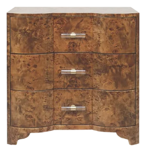 Matthew Izzo Home Calvin Dark Burlwood Three Drawer Side Table With Acrylic and Brass Drawer Pulls