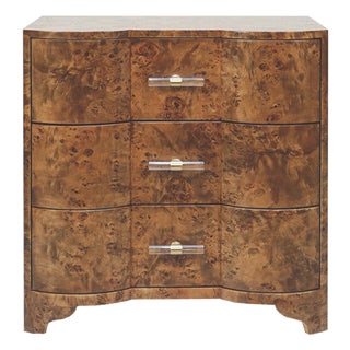 Matthew Izzo Home Dark Burlwood Three Drawer Side Table With Acrylic and Brass Drawer Pulls For Sale