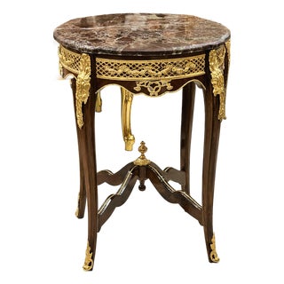 Gilded Marble Majesty – French Louis XV-Inspired Side Table With Ornate Gold Leaf Gallery & Cabriole Legs For Sale