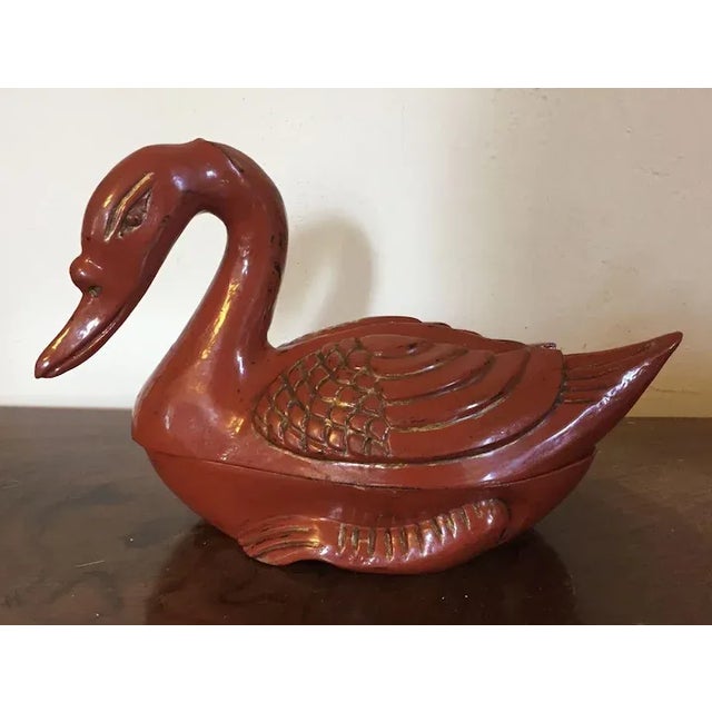 Orange Antique Chinese Red Orange Lacquer Carved Wood Duck Goose Box For Sale - Image 8 of 11