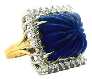 1970s Mid-Century 18k Two-Tone Carved Lapis Lazuli and Diamond Halo Cocktail Ring, Size 7