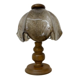 Vintage Brutalist Glass Table Lamp with Oak Wooden Base, 1970s For Sale