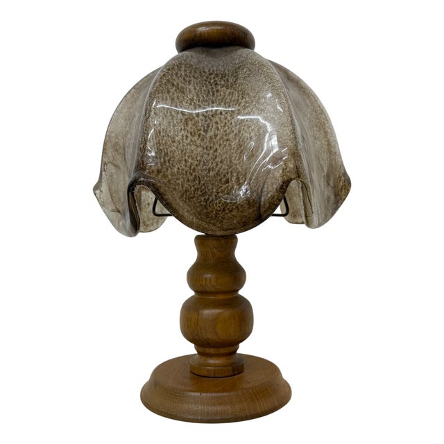 Vintage Brutalist Glass Table Lamp with Oak Wooden Base, 1970s For Sale